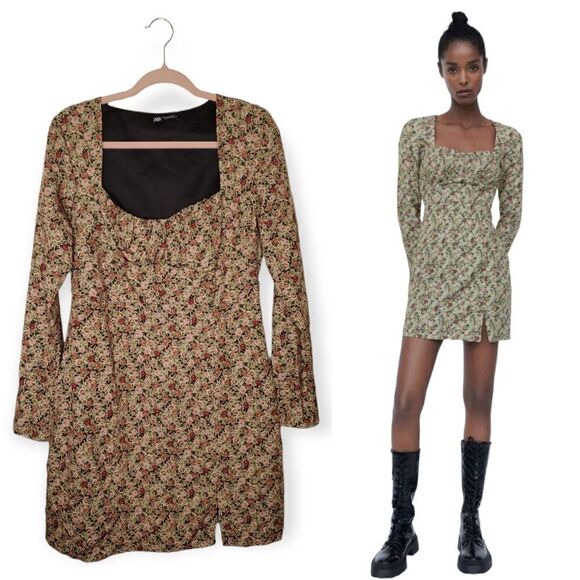 Zara Brown Floral Long Sleeve Mini Dress Size XL NWT - Picture 1 of 4